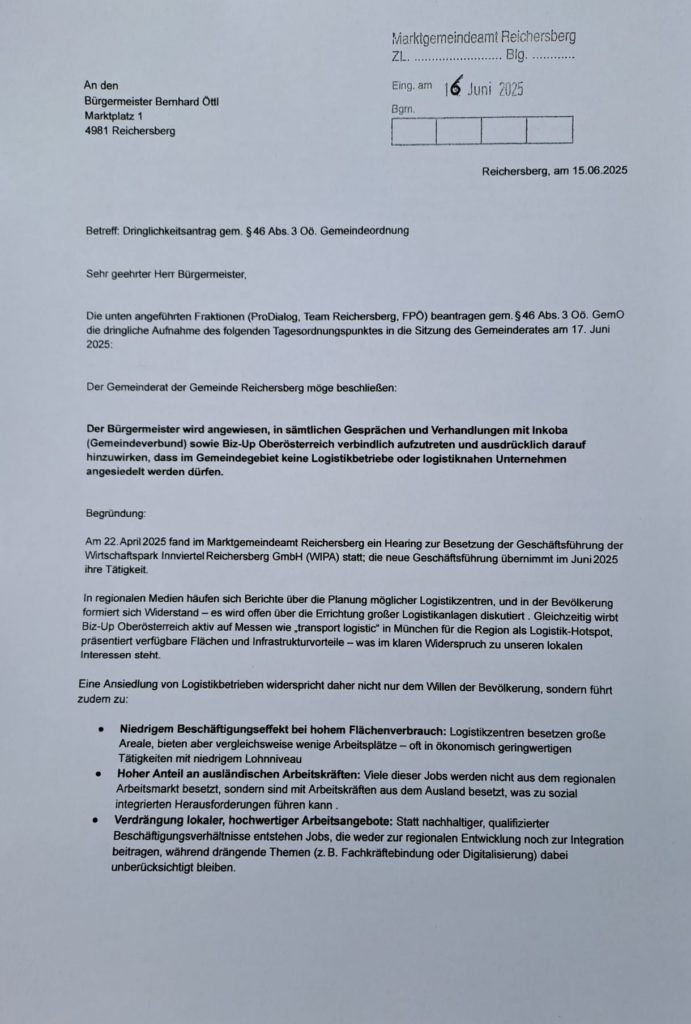 Dringlichkeitsantrag vom 15.06.2025 an Bürgermeister Bernhard Öttl: Gemeinde soll keine Logistik- oder logistiknahen Betriebe ansiedeln; Eingangsstempel 16.06.2025.