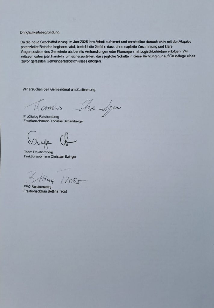Seite 2 des Dringlichkeitsantrags vom 15.06.2025: Dringlichkeitsbegründung und Ersuchen um Zustimmung, mit Unterschriften von Thomas Schamberger (ProDialog), Christian Erzinger (Team Reichersberg) und Bettina Trost (FPÖ Reichersberg).