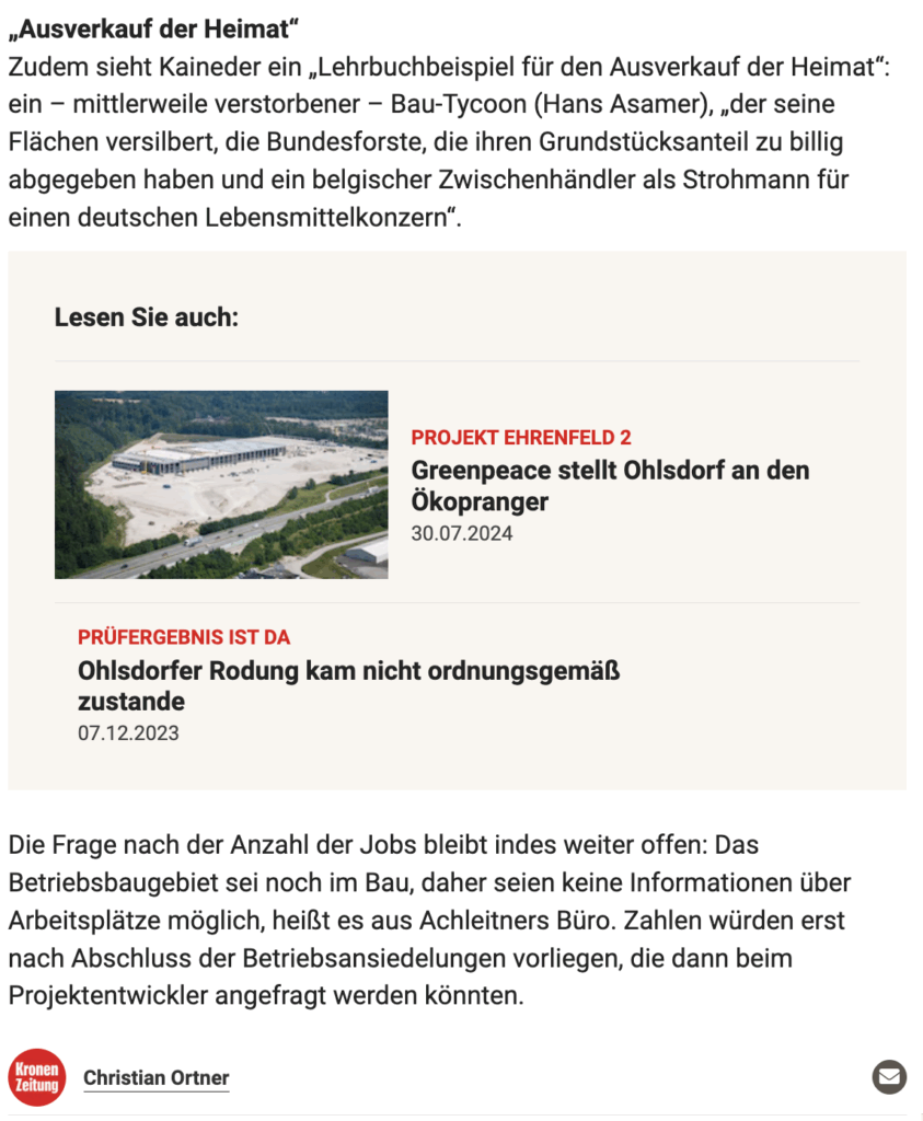 Screenshot eines Ausschnitts aus einem Artikel der Kronen Zeitung: Zitat von Kaineder zur Rodung in Ohlsdorf, Stichwort ‚Ausverkauf der Heimat‘, und weiterführende Links zu Greenpeace und einem Prüfbericht.