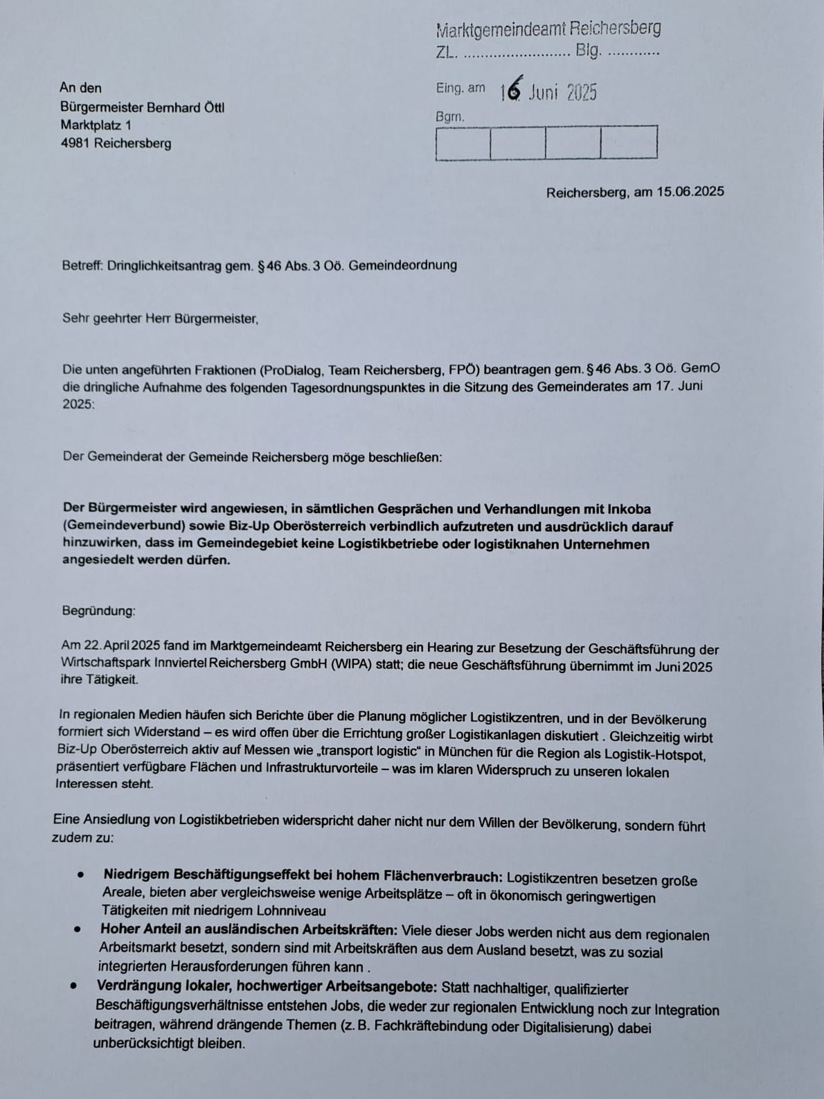 Dringlichkeitsantrag der Fraktionen ProDialog, Team Reichersberg und FPÖ Reichersberg vom 15. Juni 2025 zur Ablehnung von Logistikbetrieben im Wirtschaftspark Reichersberg.