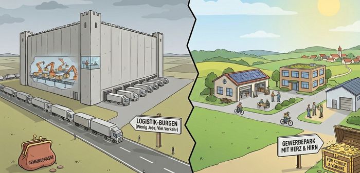 Zweigeteilte Illustration: Links eine düstere, riesige "Logistik-Burg" mit LKW-Stau, Robotern und einer fast leeren Gemeindekasse. Rechts ein sonniger, belebter "Gewerbepark mit Herz & Hirn" mit kleineren Betrieben, Menschen und einer vollen Schatzkiste für die Gemeinde.
